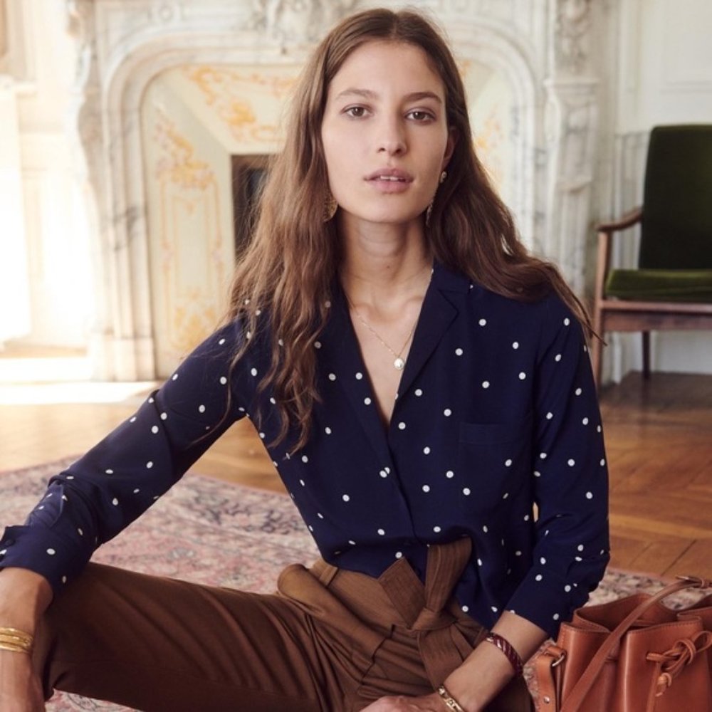 Sezane Florence Shirt in Ecru Dots Navy (38)